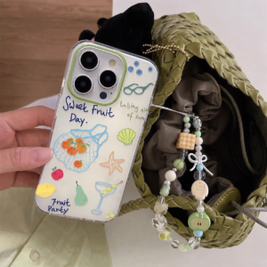 Pastel beaded phone charm with apple bead, bow charm, and gingham bead details
