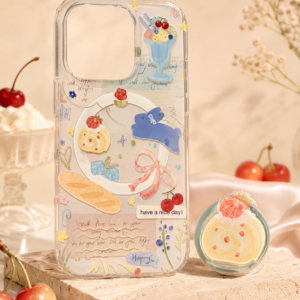 Strawberry Swiss Roll MagSafe iPhone Case with Cute Dessert Grip