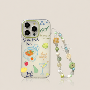 Sweet Fruit Day iPhone case with beaded phone charm set, clear summer fruit doodle shockproof cover