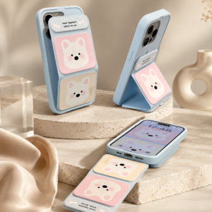 Blush Westie stand iPhone case in pastel blue and pink