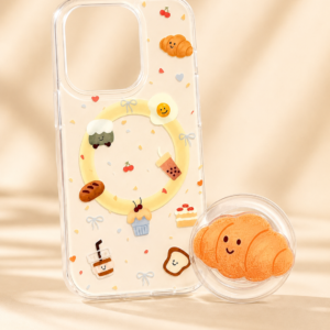 Croissant MagSafe iPhone Case with Magnetic Stand on Beige Background