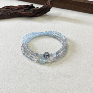 Grey Moonstone Double Wrap Beaded Bracelet on Wrist – Soft Blue Crystal Layered Jewelry