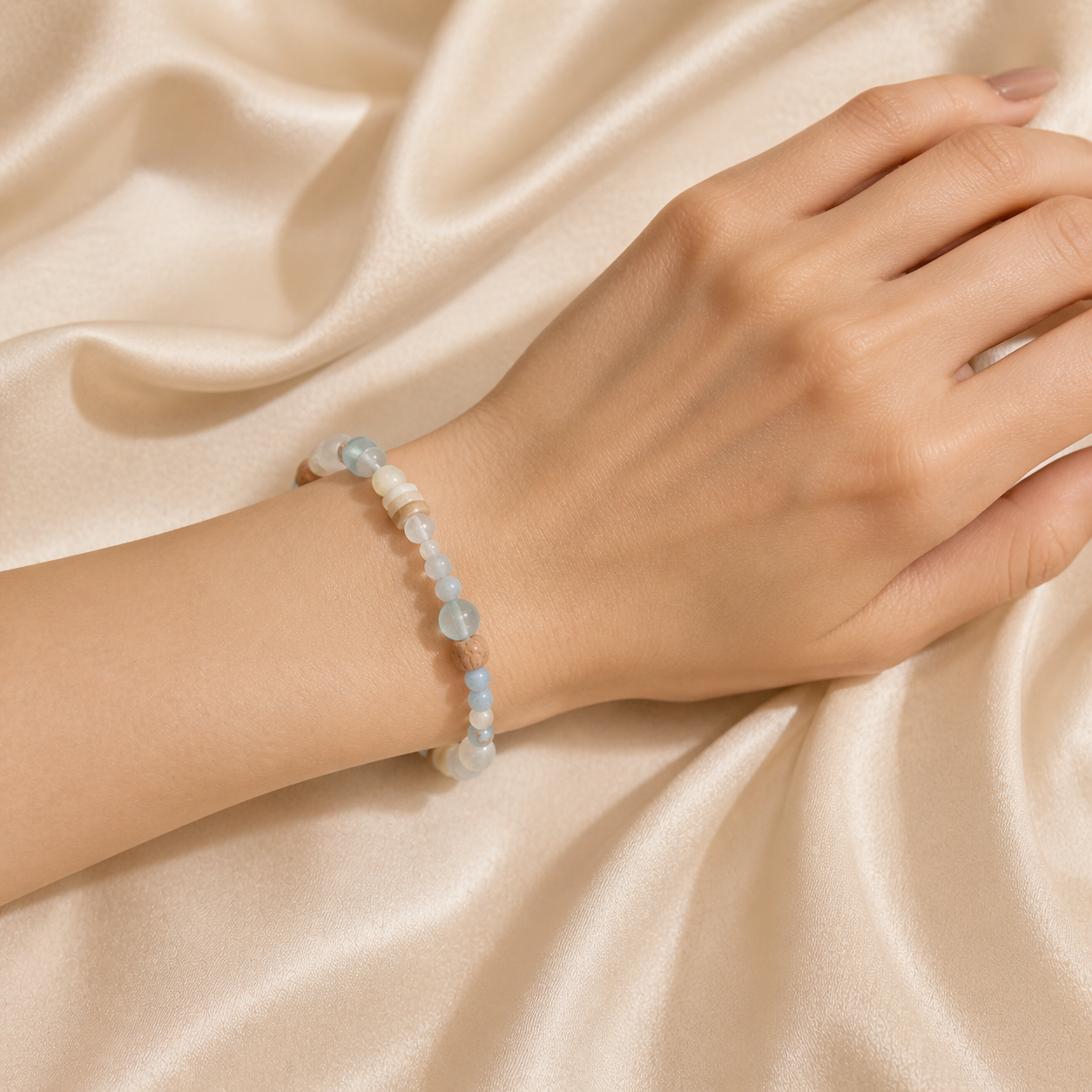 Milky White Cat Eye Beaded Bracelet – Minimalist Handmade Natural Bracelet with Wood Accents for Women - Image 5