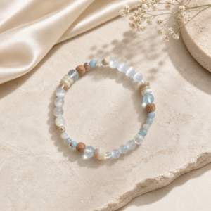 Milky White Cat Eye Beaded Bracelet – Minimalist Handmade Natural Bracelet with Wood Accents for Women