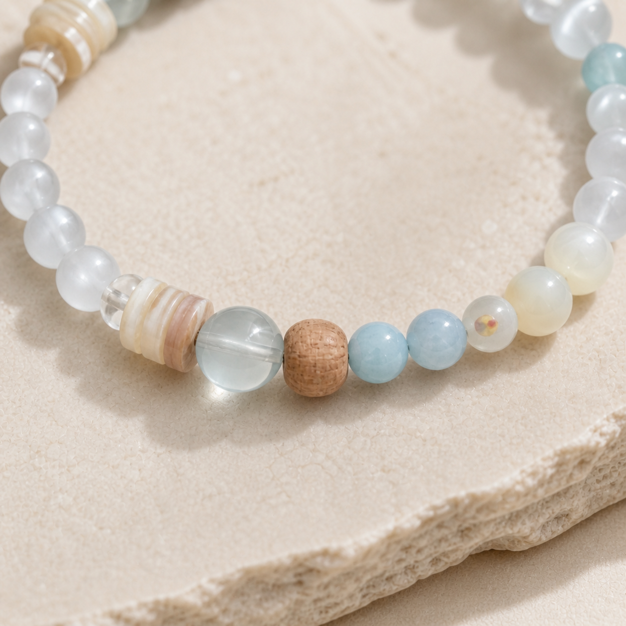 Milky White Cat Eye Beaded Bracelet – Minimalist Handmade Natural Bracelet with Wood Accents for Women - Image 3