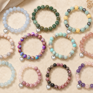 Natural Stone Heart Charm Beaded Bracelet Collection
