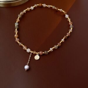 Gold-tone natural stone beaded wrap bracelet with dangling pearl-style charm
