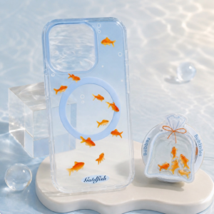 Goldfish Bubble MagSafe iPhone Case with Wobble Grip Stand on Blue Water Background