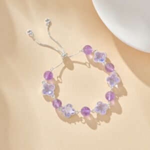 lavender purple crystal bracelet with four leaf clover charms and adjustable fit