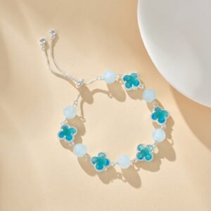 ocean aqua clover bracelet with blue crystal flowers and pastel bead design