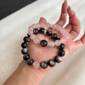 Handmade black and pink crystal beaded couple bracelet
