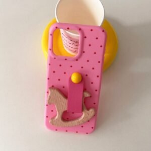 Pink Polka Dot Rocking Horse iPhone Case with cute wooden phone grip stand