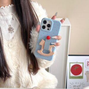Blue Polka Dot Rocking Horse iPhone Case with wooden grip stand aesthetic style