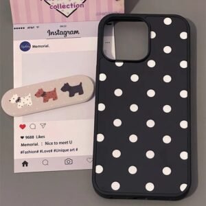 Cute black polka dot iPhone case with puppy grip stand