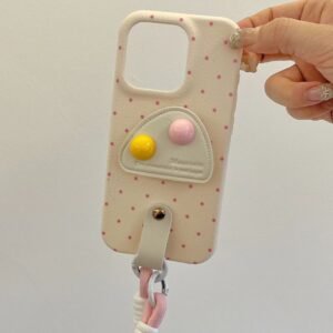 Cream White LeatherDot iPhone Case Back View with Wrist Strap