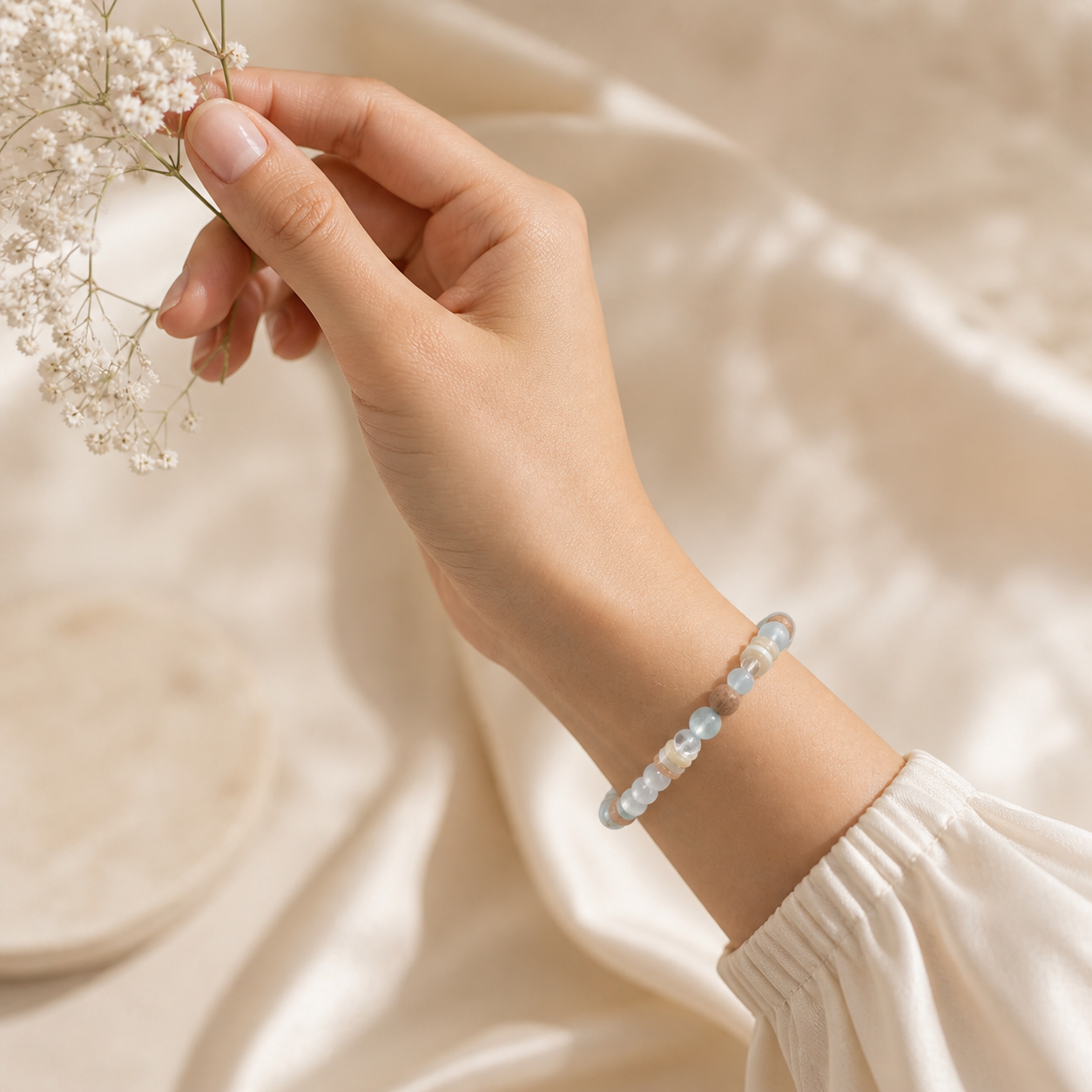 Milky White Cat Eye Beaded Bracelet – Minimalist Handmade Natural Bracelet with Wood Accents for Women - Image 6