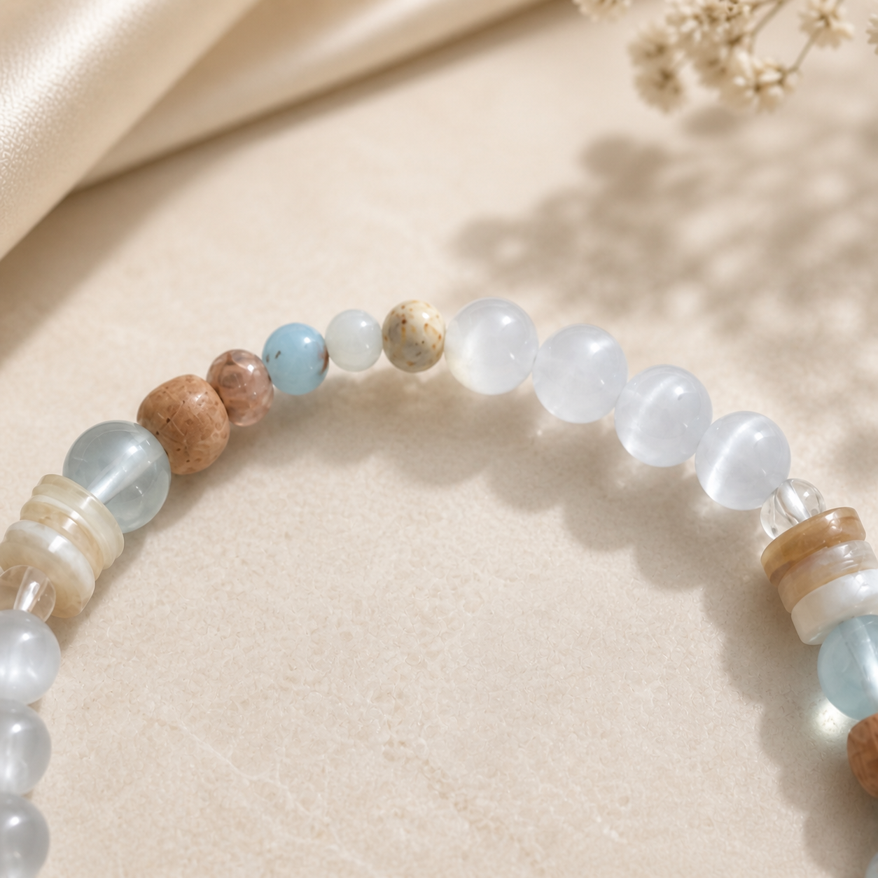 Milky White Cat Eye Beaded Bracelet – Minimalist Handmade Natural Bracelet with Wood Accents for Women - Image 2