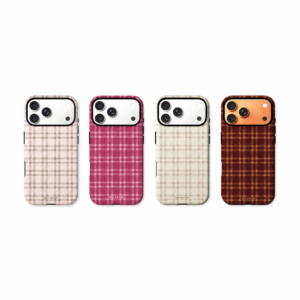 Korean plaid matte shockproof iPhone case collection in soft pink, Barbie pink, cream white and red brown