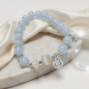 Sky Blue Crystal Orb Cat Eye Beaded Bracelet with silver crystal charm