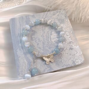 Butterfly Tassel Cat Eye Beaded Bracelet with blue gemstone beads and silver butterfly charm