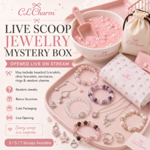 CLCharm live scoop jewelry mystery box promotional image featuring a pink pastel aesthetic, showing a scoop bowl filled with beads and pearls, drawstring packaging bags, boxed packaging, and assorted jewelry including beaded bracelets, silver bracelets, rings, necklaces, and charms. The design highlights βLIVE SCOOP JEWELRY MYSTERY BOXβ and emphasizes a live-stream opening experience with 3, 5, or 7 scoop options. The scene is styled as a feminine ecommerce product flat lay with soft lighting, showcasing surprise jewelry items and CLCharm branding.