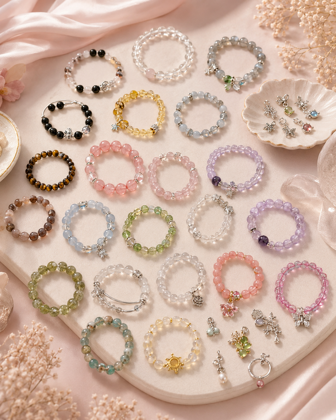 Assorted CLCharm handmade beaded bracelets and charms collection displayed on soft pink background with jewelry packaging elements