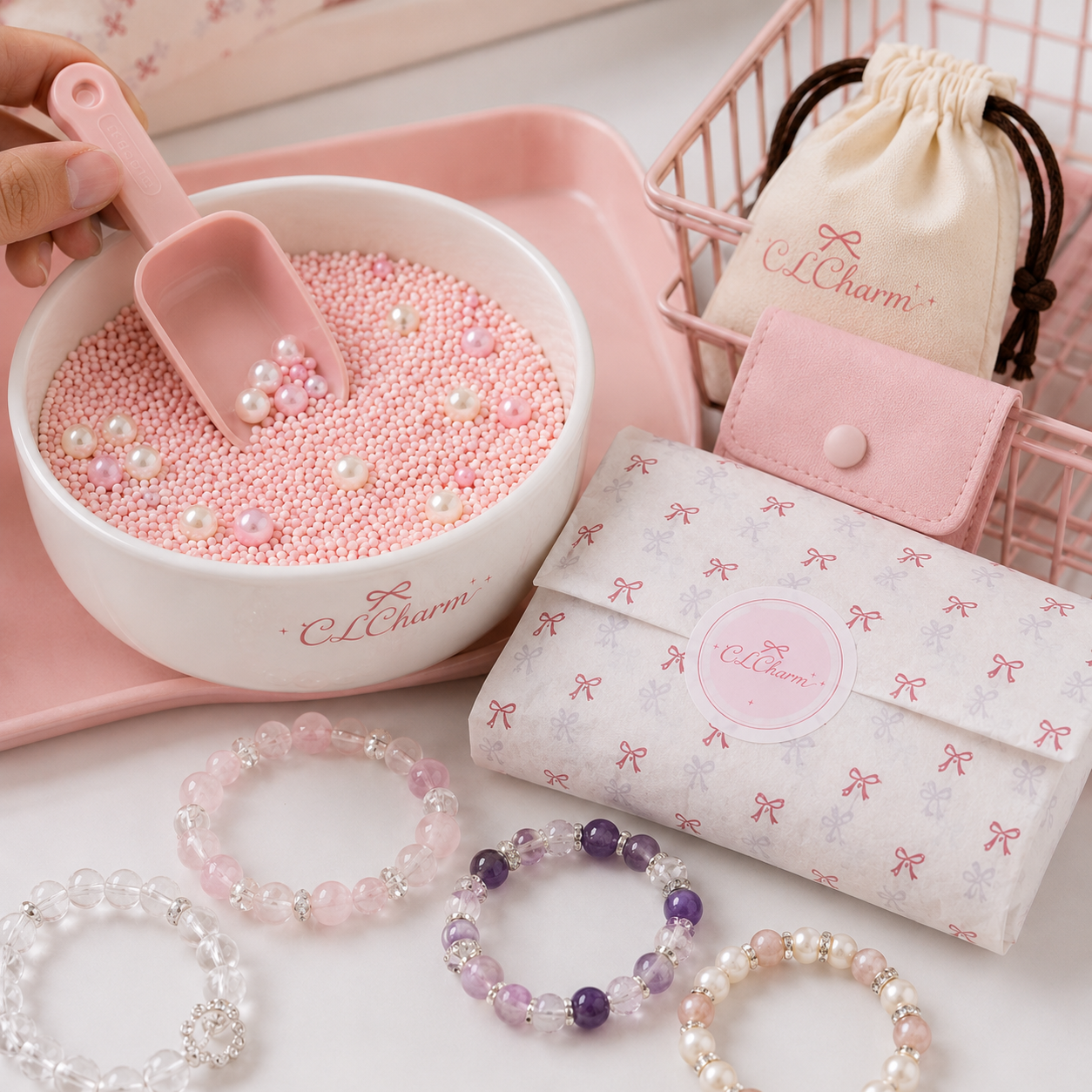 CLCharm pink live scoop jewelry box with beads, pearls, and scoop spoon for mystery blind box experience