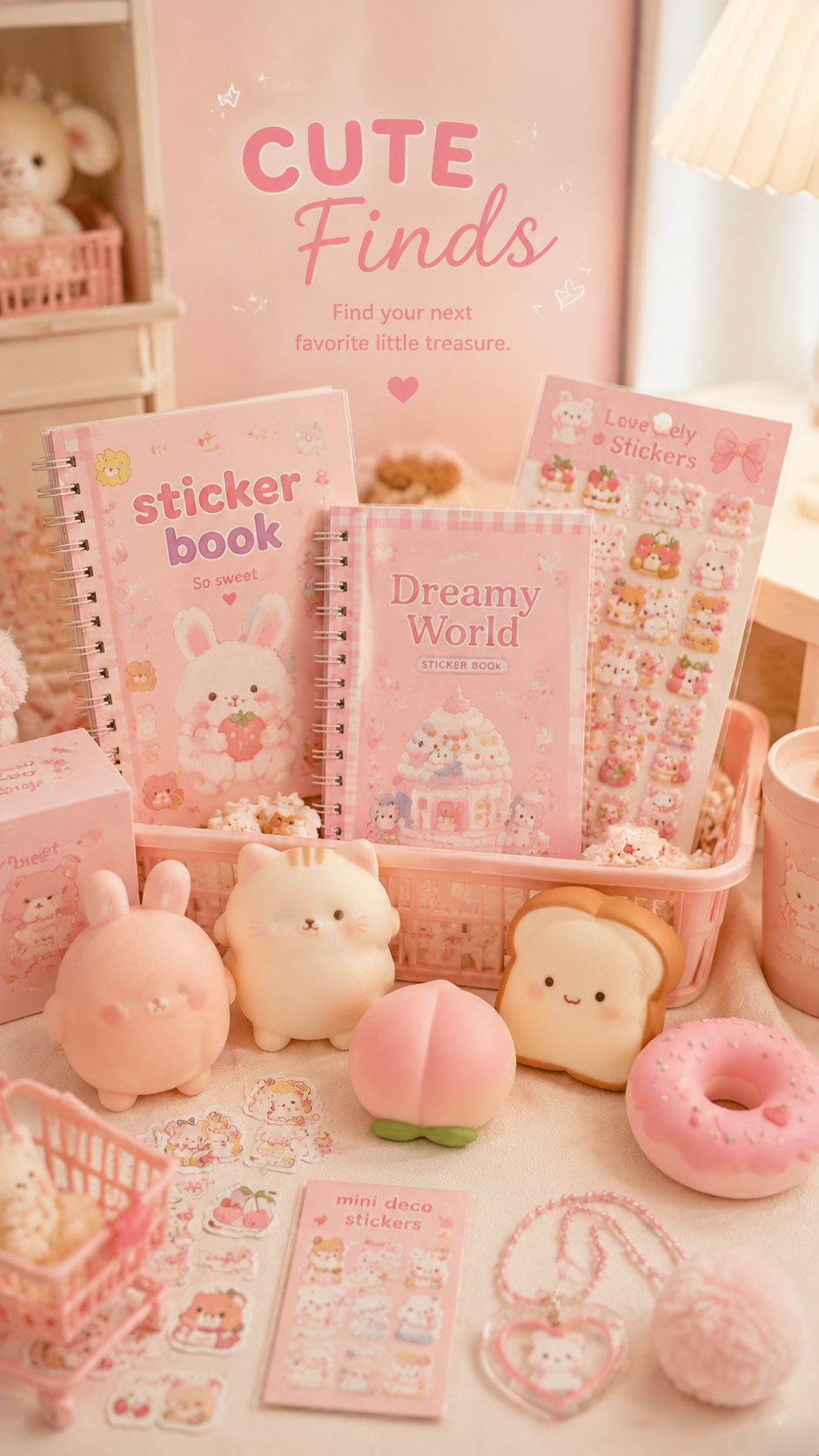 CLCharm Cute Finds collection with kawaii squishies, decorative sticker books, cute stationery, and adorable lifestyle accessories