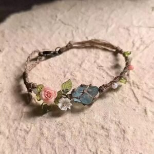 Nature inspired handmade crystal bracelet featuring raw stone and woven bracelet design