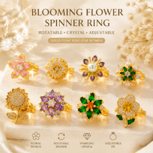 Blooming flower spinner ring collection with gold-tone crystal floral designs and adjustable rings for women