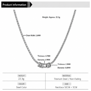 Product information and size details of stainless steel lucky bead necklace with rhinestone charm