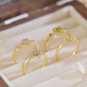 Vintage Crystal Open Ring – Adjustable Olive Green & Purple Gemstone Ring for Women