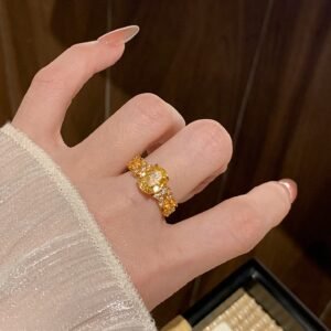 Vintage champagne crystal statement ring with gold tone adjustable band
