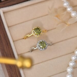Olive green crystal flower ring with rhinestone halo design